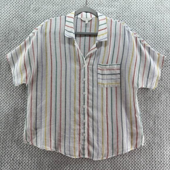 Garner Hill Top Women 14 White Striped Rainbow Linen Button Front Short Sleeve - Picture 1 of 12